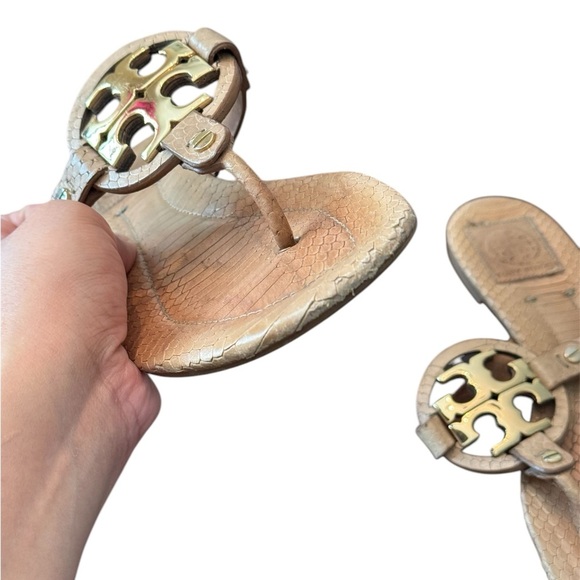 Tory Burch Gold Metal Snakeskin Miller Sandals - Picture 2 of 8